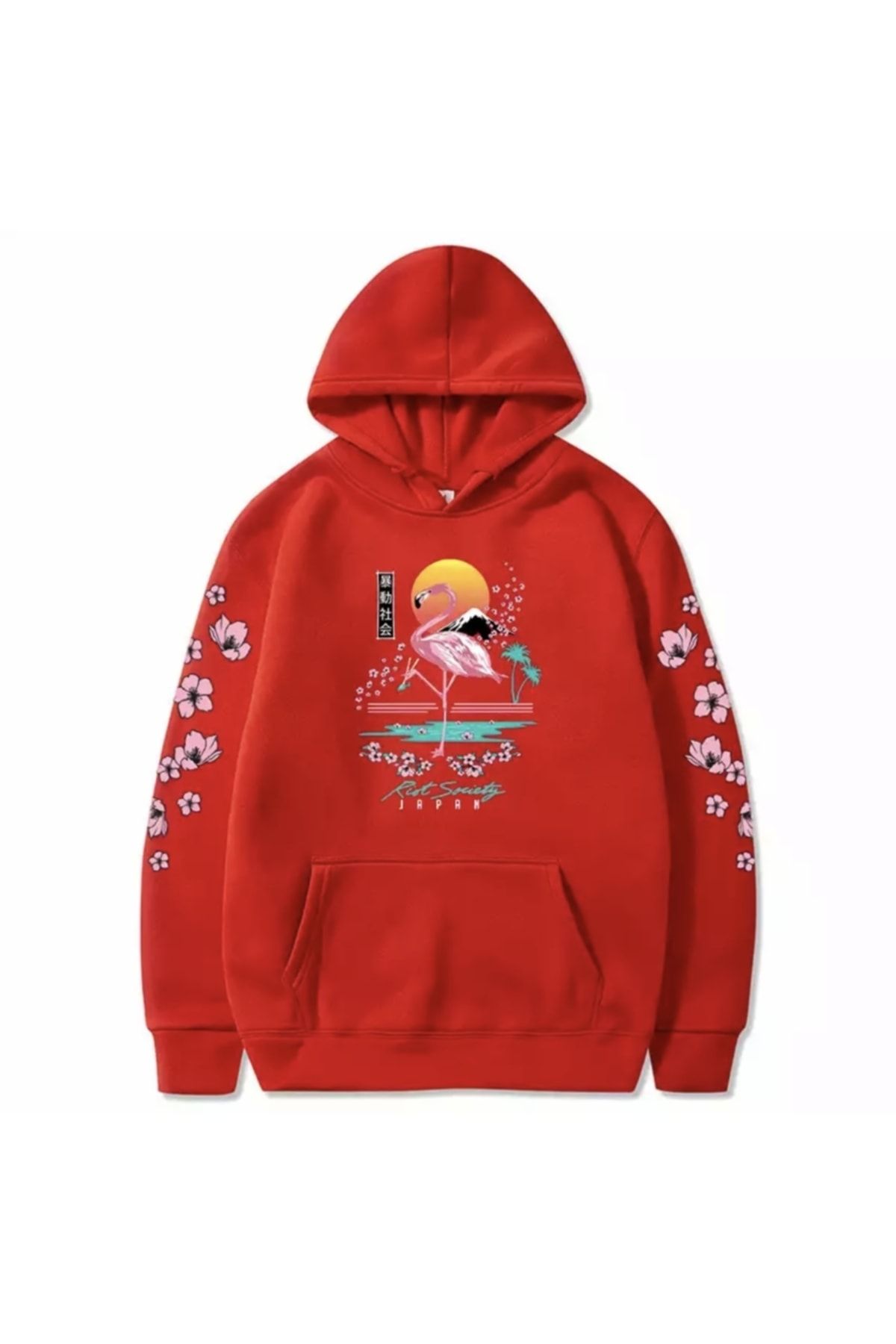 AMOR MAN-Amor Lady - Flamingo Flower Patterned Oversize Hooded Women's Sweatshirt 100% Cotton 1