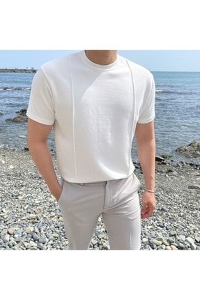 Beyaz Erkek Yuvarlak Yaka 2 Çizgili Örme Triko T-shirt TC00420