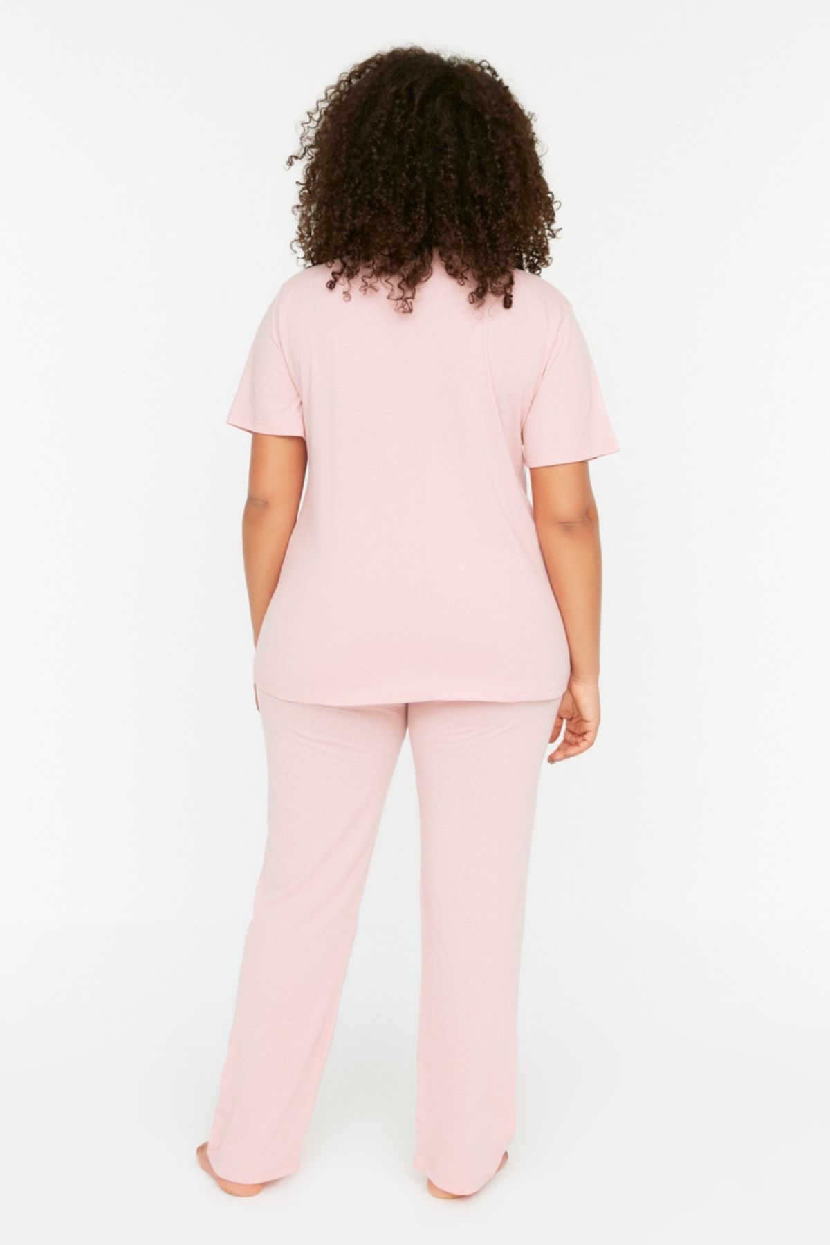 Trendyol Curve-Puderfarbenes Pyjama-Set mit Hemdkragen und Rippenmuster TBBSS22PT0220 5