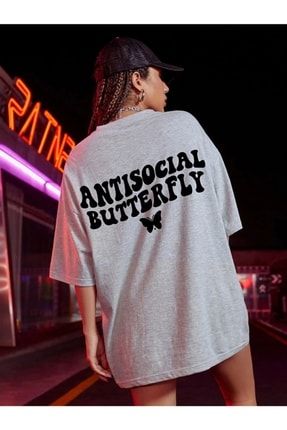Kadın Antisocial Baskılı Oversize Penye T-shirt Tişört ANTISOCIAL-BUTTERFLY-TRENDMAMBO