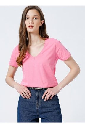 V Yaka Basic Düz Açık Pembe Kadın T-shirt - Teyo 5002782910