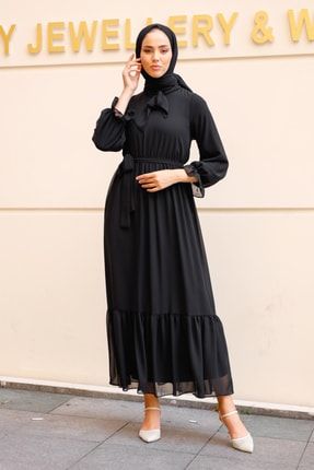 Kravat Detaylı Belden Lastikli Şifon Elbise Siyah SRE1028dELB
