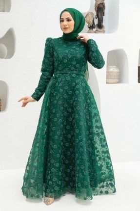 Tesettürlü Abiye Elbise - Dantelli Yeşil Tesettür Abiye Elbise 2238y EGS-2238