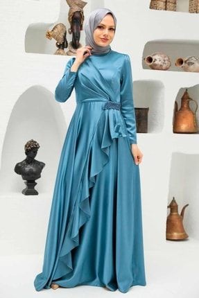 Tesettürlü Abiye Elbise - Volanlı Indigo Mavisi Tesettür Abiye Elbise 22431ım EGS-22431