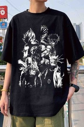 Siyah Renk Naruto Dragon Ball One Piece Fairy Tail Baskılı Unisex Geniş Kesim Anime T-shirt FRK07ALLNRT