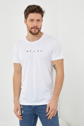 Erkek Beyaz Baskılı Slim Fit Likralı T-shirt-rlxtsr06s RRLXTS