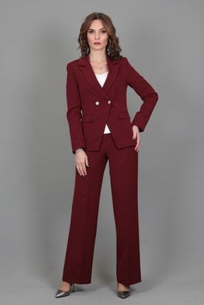 Kruvaze Çapraz Ceket & Bol Paça Pantolon Takım-bordo 1047520