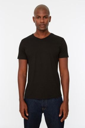 Siyah Basic Slim Fit %100 Pamuklu V Yaka Kısa Kollu T-Shirt TMNSS19BO0002