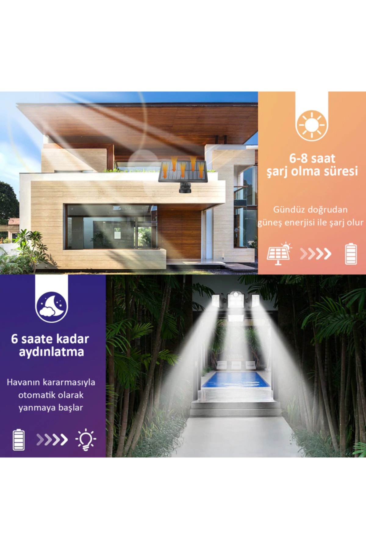 180ledli Solar 4 Başlıklı Bahçe Aydınlatma Duvar Lambası Güneş Enerjili Hareket Sensörlü 3