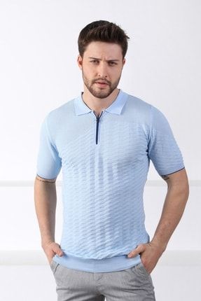 Mavi Polo Yaka Fermuarlı %100 Pamuk Erkek Triko T-shirt 4132-KF