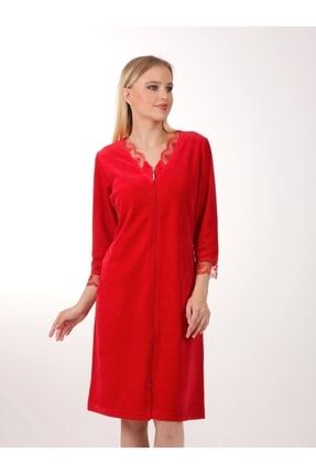 Önü Fermuarlı Kırmızı Kadife Elbise 6104
