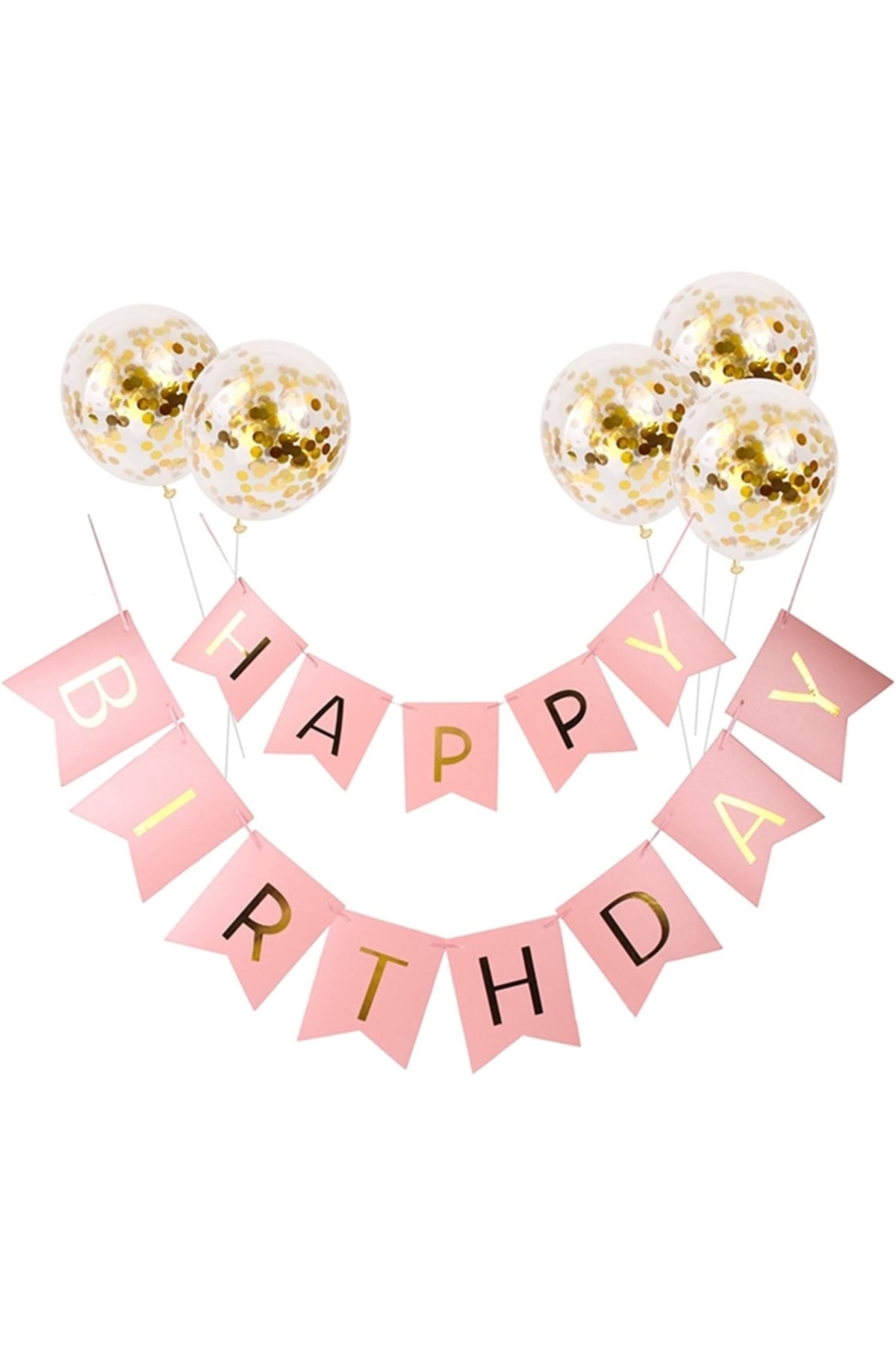 Huzur Party Store Pembe Gold Yaldızlı Happy Birthday Banner Doğum Günü Yazısı Ve 5 Adet Gold Konfetili Şeffaf Balon