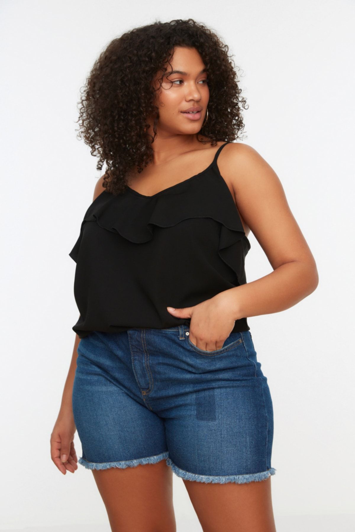 Trendyol Curve-Plus Size Black Flounce Collar Blouse - Adjustable Strap TBBSS22AF0023 4