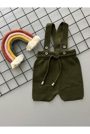 Haki Renk Önden Düğmeli,bağcıklı,mevsimlik Askılı Ayarlanabilir Unisex Bebek Triko Salopet Şort salopetsort01