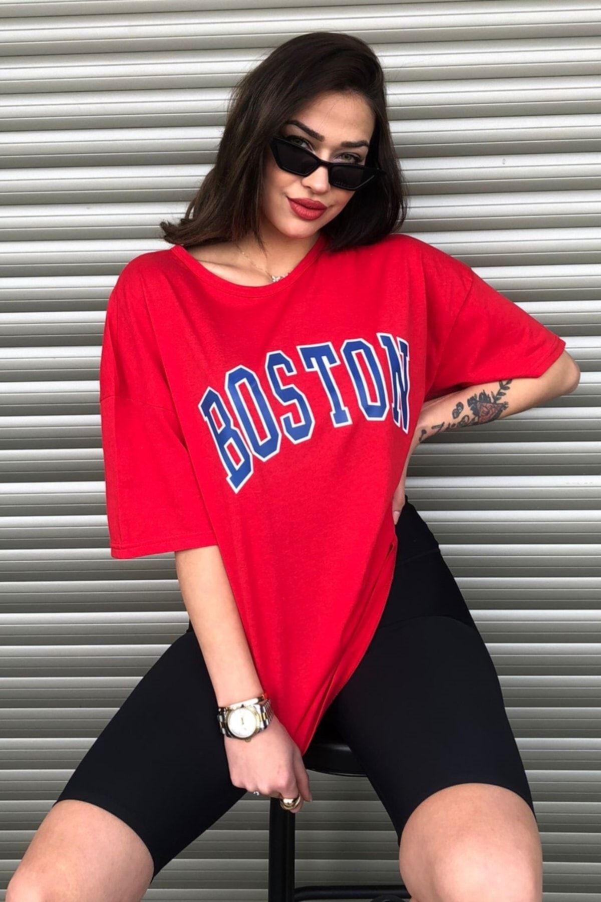 MODAGEN-Boston Printed Red Oversize Women's T-shirt 5