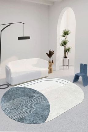 Yıkanabilir Modern Turkuaz-beyaz Zeminli Modern Oval Salon Mutfak Ve Koridor Halısı NHV1010