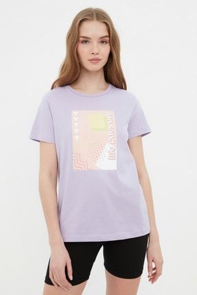 Lila Baskılı Basic Örme T-Shirt TWOSS22TS1941