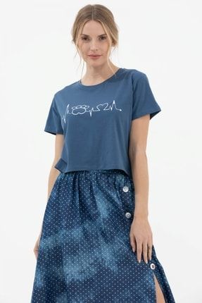 Kadın Mavi Oversize Basic Baskılı Kısa T-shirt 21Y2231-75605.0001-R0800