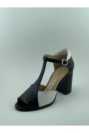 Kadın Siyah-beyaz Deri Sandalet Ayakkabı LV0047