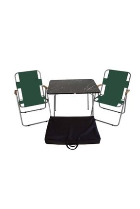 Siyah Çantalı 2'li Ahşap Kollu Yeşil Sandalye 60x80cm Siyah Masa İBAY00078