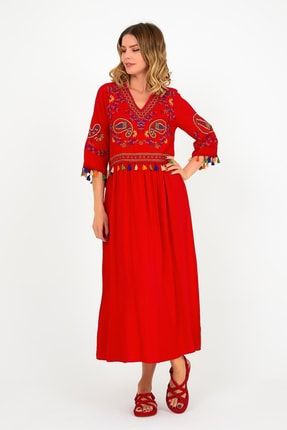 Kadın Kırmızı Önü Nakışlı V Yaka Beli Ve Kol Ucu Püskül Detaylı Viskon Elbise AVC-2830