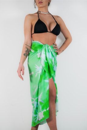 Neon Yeşil Batik Desenli Uzun Pareo Pareo Kadın Plaj Elbisesi Yeni Sezon pistore00472