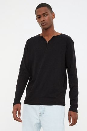 Siyah Erkek Basic Slim Fit %100 Pamuklu Uzun Kollu Düğmeli Yaka T-Shirt T-Shirt TMNSS20TS0002