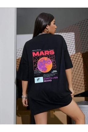 Mars Baskılı Oversize Kadın Erkek Siyah T-shirt MARSSMYRNA