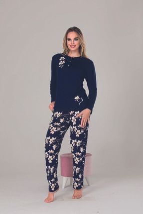 Kadın Lacivert Çiçek Desenli Yakası Düğmeli Uzun Kollu Örme Penye Pijama Takımı LL11608