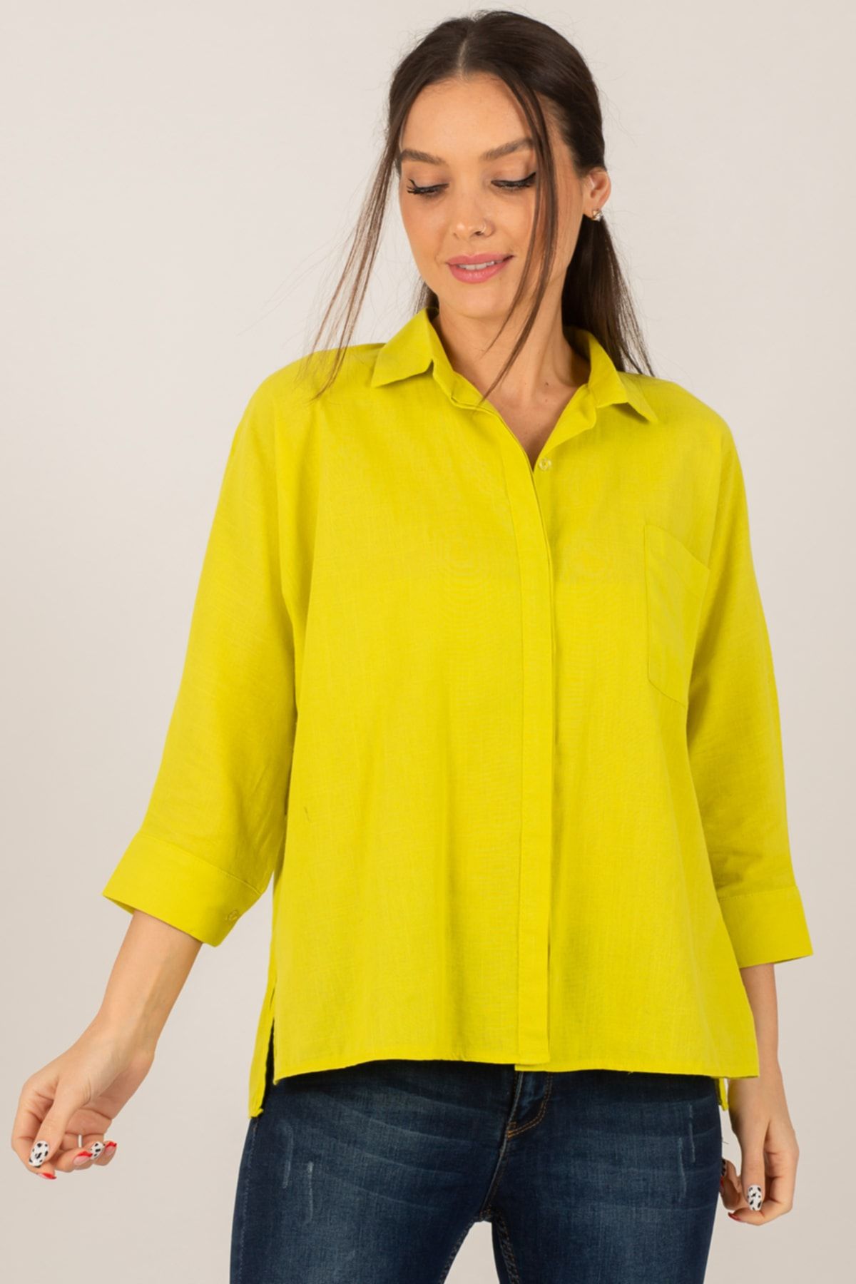 Leinenhemd für lässiges ARM-21Y001035 Trendyol armonika mit Neongrünes, - Tasche Damen