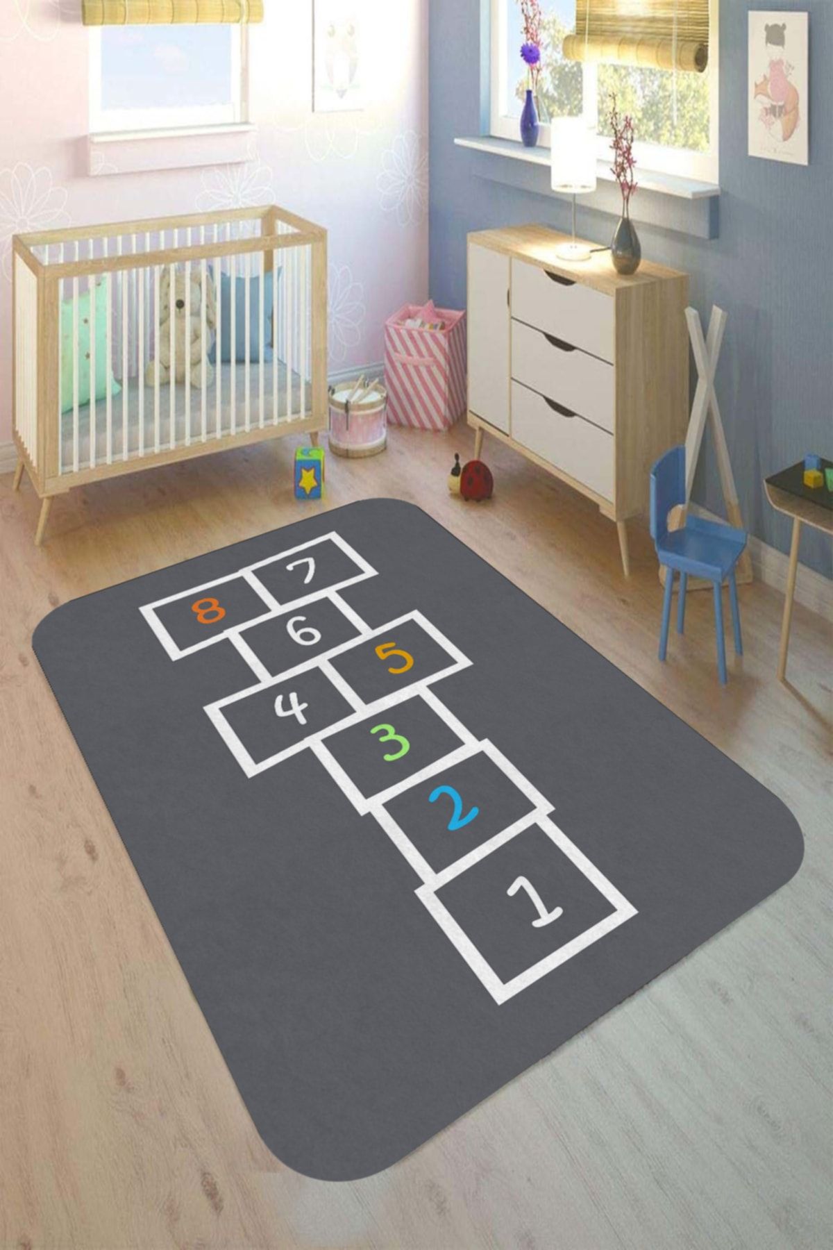 Decomia Home Dijital Baskılı Kaymaz Taban Yıkanabilir Seksek Oyun Çizgili Antrasit Çocuk Odası Ha1ısı-d9023