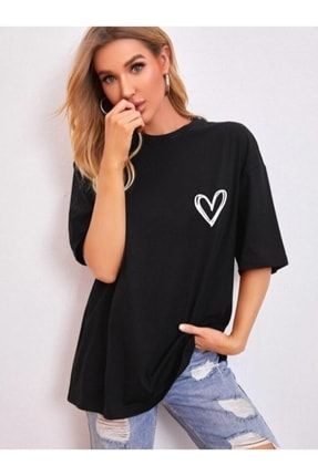 Minimal Kalp Baskılı Siyah Oversize Tshirt slffd