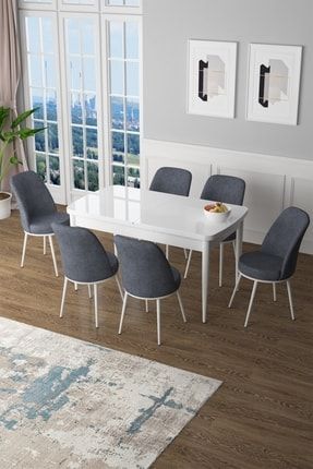 Zen Serisi, 80x132 Açılabilir Mdf Beyaz Mutfak Masa Takımı, 6 Füme Sandalye Zen Beyaz Masa Dexa Sandalye