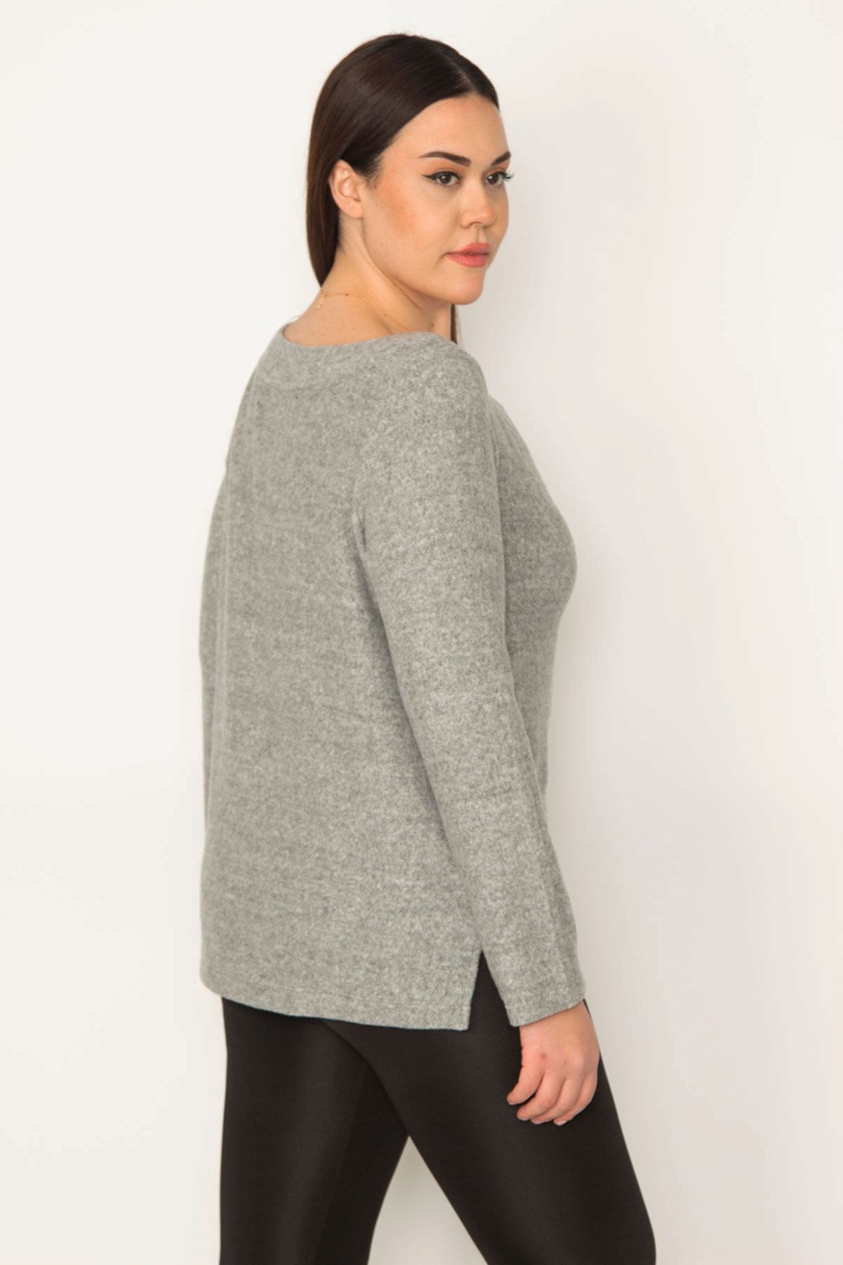 Şans-Women's Large Size Gray Soft Fabric Side Slit Blouse 65n31673 2
