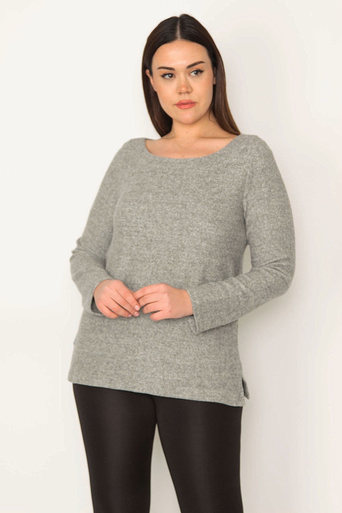 Şans-Women's Large Size Gray Soft Fabric Side Slit Blouse 65n31673 3