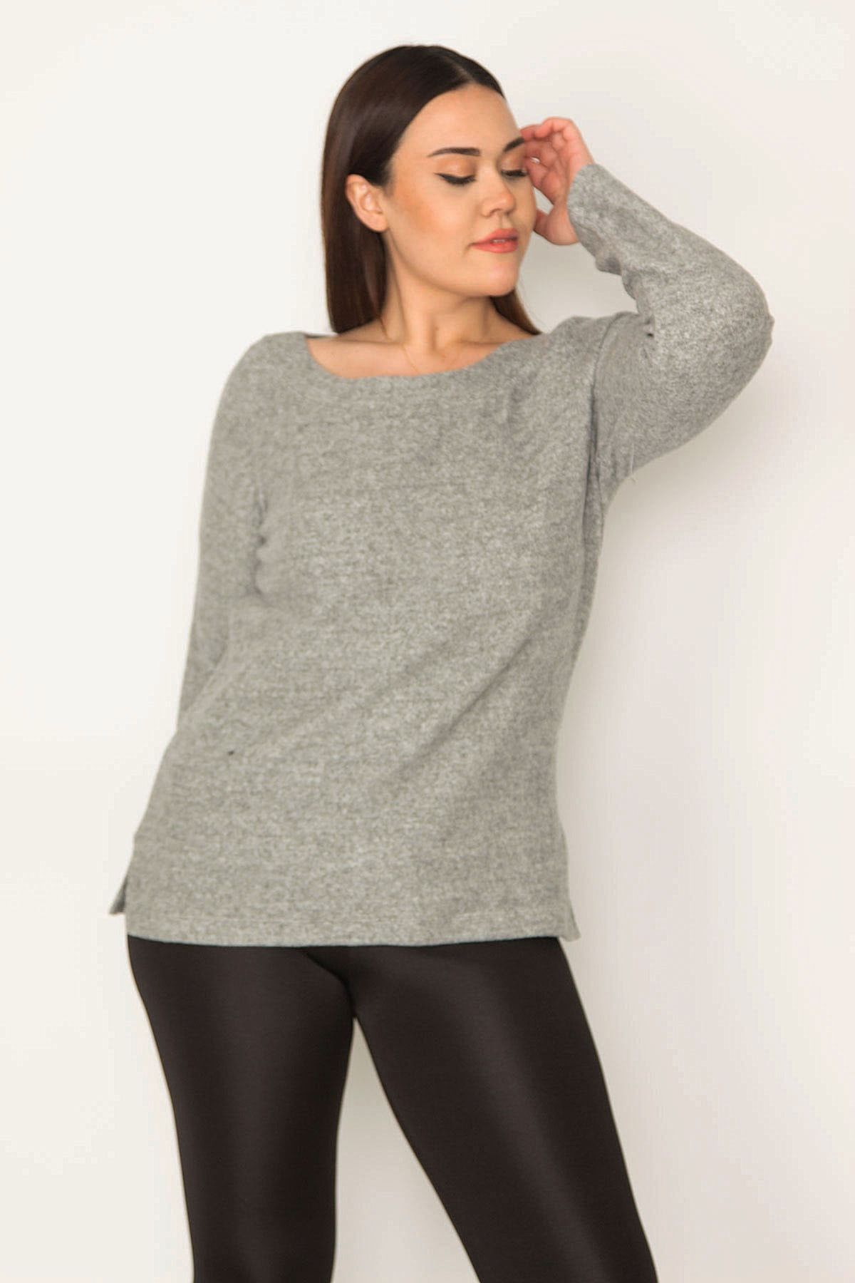 Şans-Women's Large Size Gray Soft Fabric Side Slit Blouse 65n31673 4