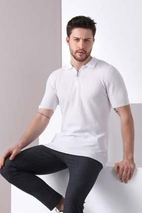Beyaz Polo Yaka Fermuarlı %100 Pamuk Erkek Triko T-shirt 4135-KF