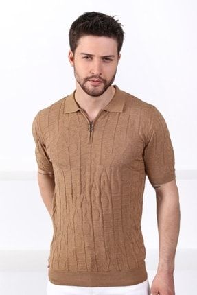 Camel Polo Yaka Fermuarlı %100 Pamuk Erkek Triko T-shirt 4138-KF