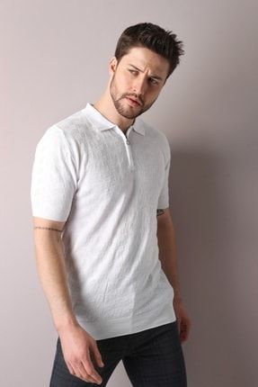 Beyaz Polo Yaka Fermuarlı %100 Pamuk Erkek Triko T-shirt 4141-KF