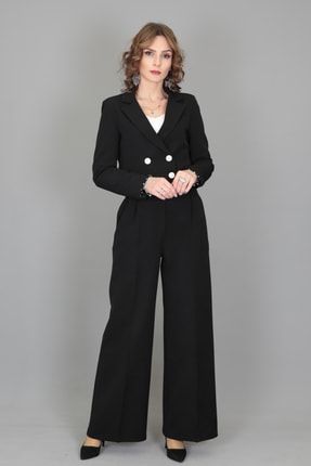 Mini Blazer Ceket & Yüksek Bel Pileli Bol Paça Pantolon Takım-siyah 1048521
