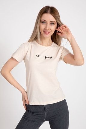 Kadın Be Good Baskılı Pamuklu Bej T-shirt 4525
