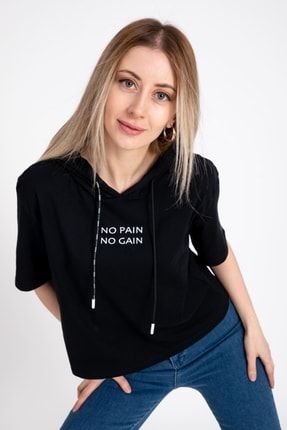 Kadın Oversize Kapüşonlu No Pain No Gain Baskılı Siyah T-shirt 20556