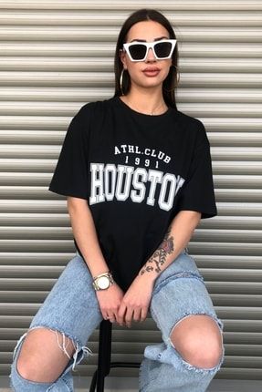 Siyah Houston Baskılı Oversize Kadın T-shirt houstontshirt