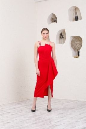 Eteği Volanlı Kırmızı Abiye Elbise L001150