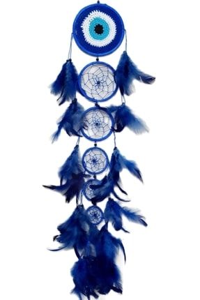 Nazar Boncuğu Şekilli Dream Catcher Bol Kuş Tüylü El Yapımı Mavi Düş Kapanı 8683633000399