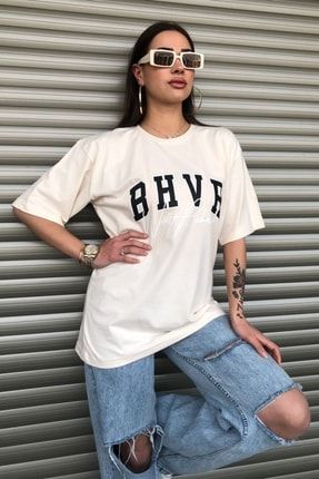 Kadın Bhvr Bej Oversize Baskılı T-shirt bhvrtshirt