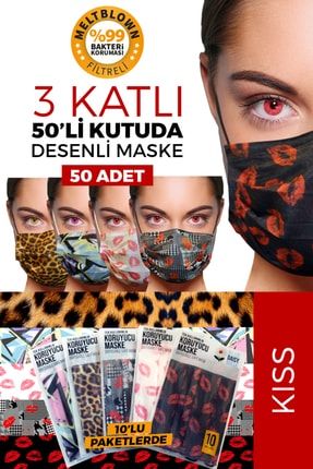 Kiss Meltblown Filtreli 5 Farklı Desen 50 Adet 3 Katlı Kokusuz Cerrahi Yüz Maskesi GM10K305