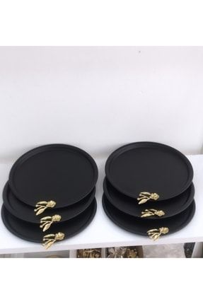 Dekoratif 6 Lı Siyah Renk Servis Ve Sunum Tepsisi Gold Japon Güllü TKP8900007