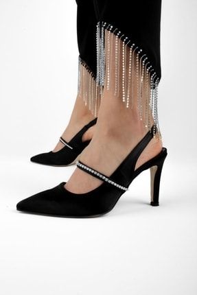 Leroy Kadın Taşlı Saten Topuklu Ayakkabı-siyah B1713