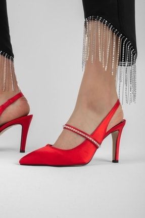 Leroy Kadın Taşlı Saten Topuklu Ayakkabı-kırmızı B1713